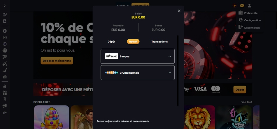 Sélectionner le mode de retrait rapide disponible